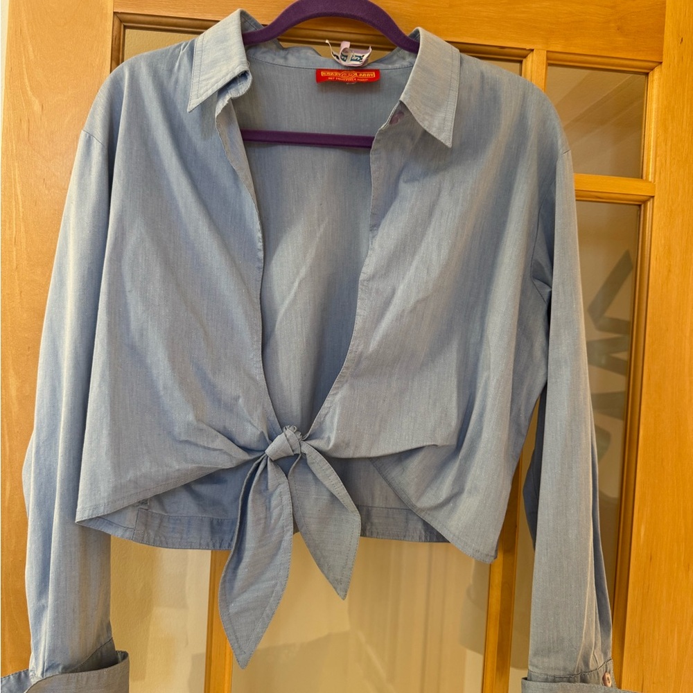 Casual Denim Blue Tie-Front Shirt